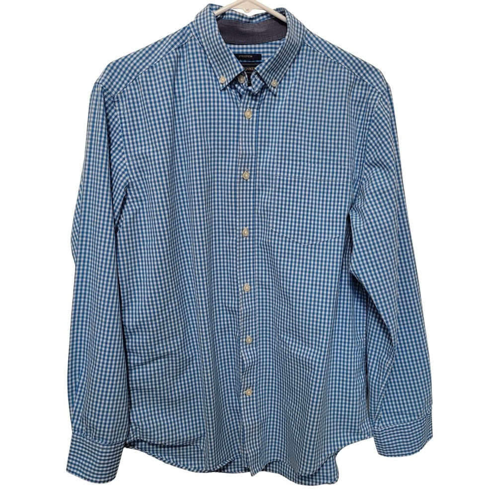Mason James Gingham Button Down Shirt Mens Medium Blue White Stretch Long Sleeve